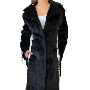 Christian Dior Vintage Logo Faux Fur Long Coat Jacket Black White Tie [104058]